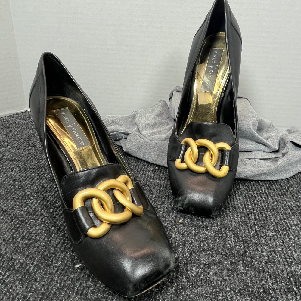 Vince Camuto Sweet Pumps 6.5B Black Leather Gold Chain Heel Witchy Dark Academia